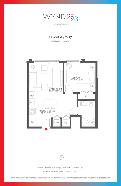 Floor plan for 1 bed, 1 bath, 616 sqft